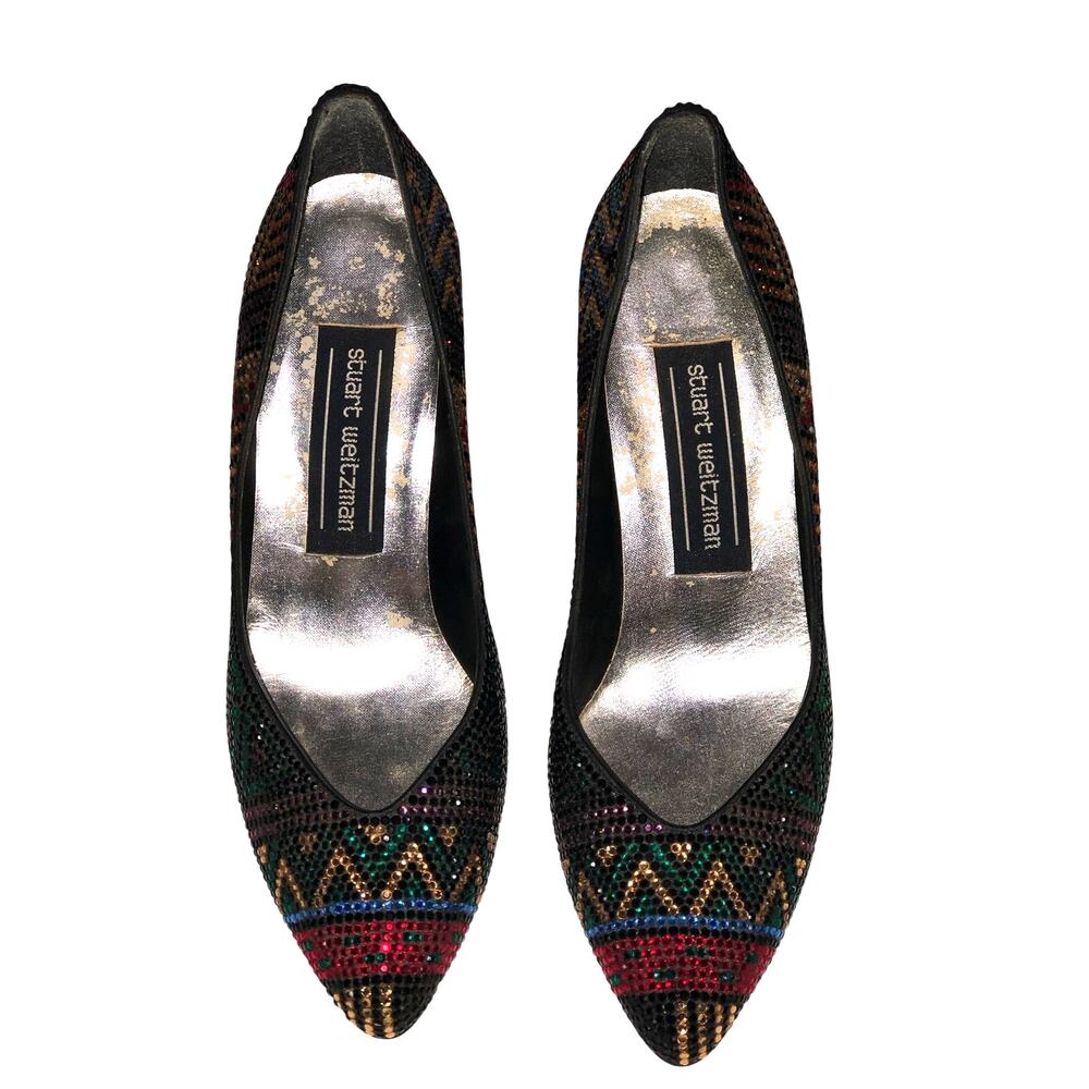 Vintage Stuart Weitzman Vinnie Rhinestone Aztec Geometric Pumps Black Size 5.5 - Picture 2 of 15